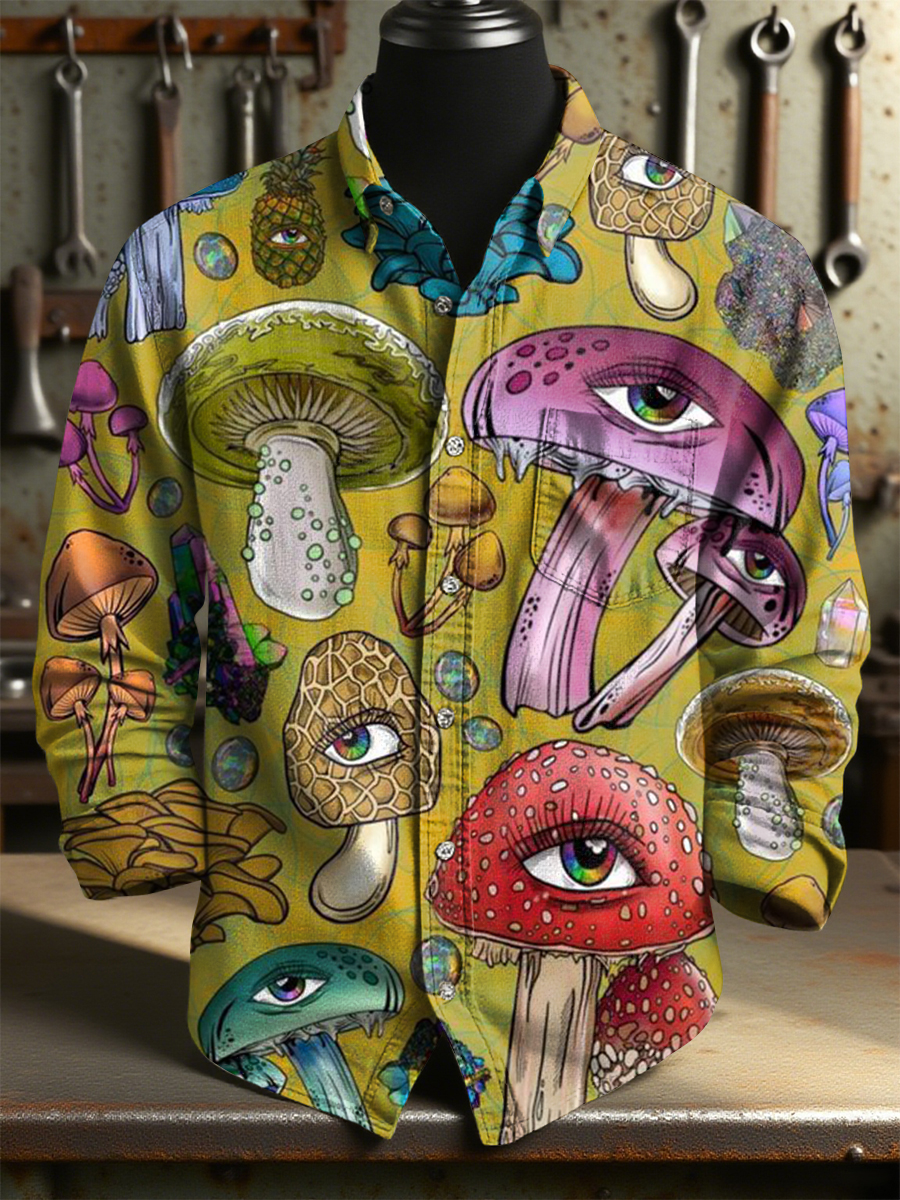 Retro Multicolor Mushrooms Eyes Art Print 100% Cotton Long Sleeve Shirt