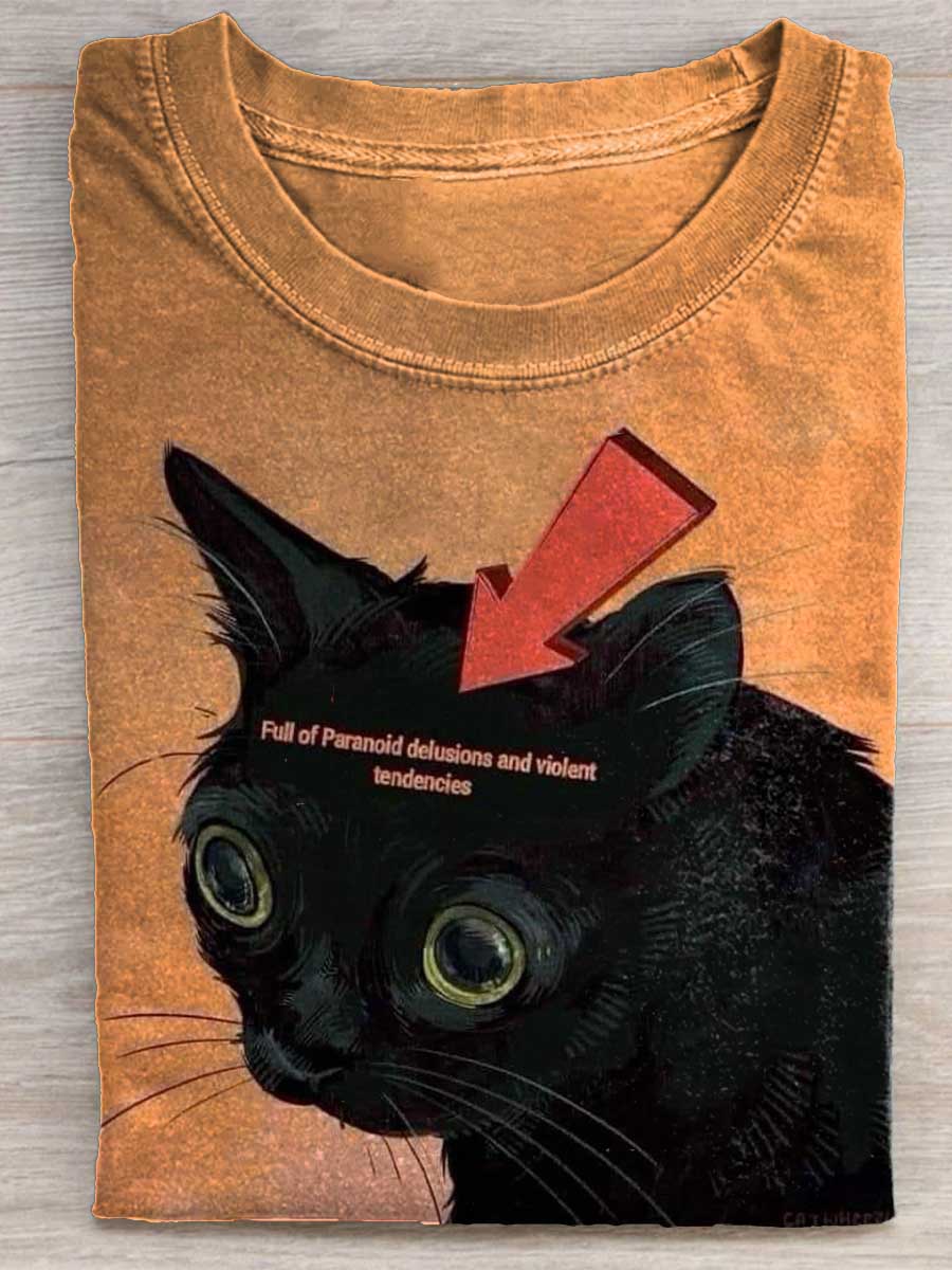 Full of Paranoid Delusions and Violent Tendencies Black Cat Thinking Pattern T-shirt
