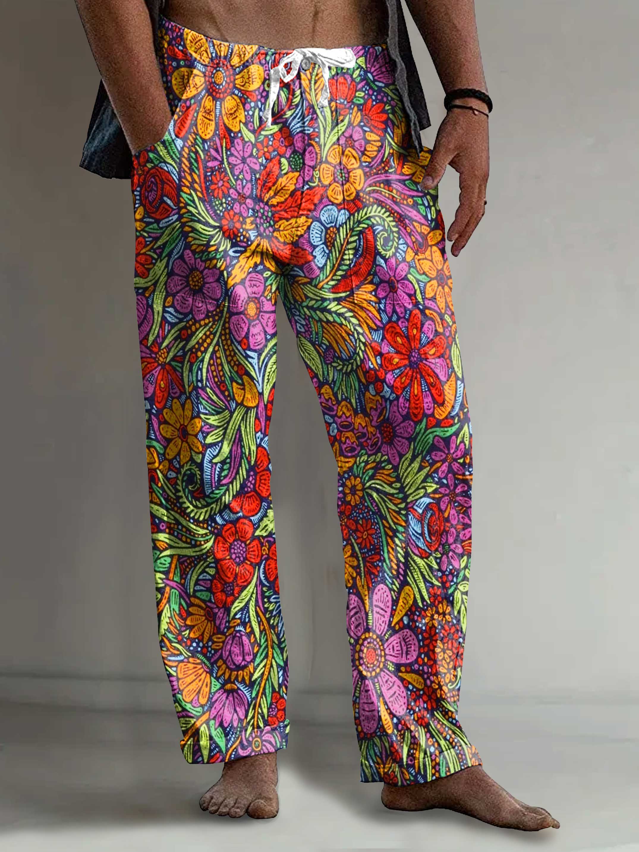Men's Retro Hippe Floral Art Print Comfy 100% Cotton Pants