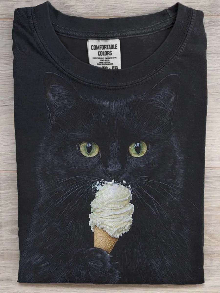 Ice Cream Eating Cat Printed Casual Short Sleeve T-Shirt
