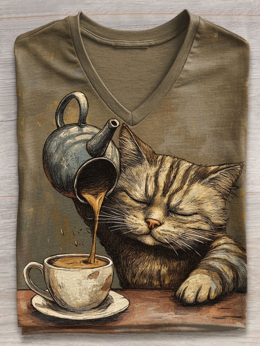 Cat With Coffee Art Print V-neck Casual T-Shirt