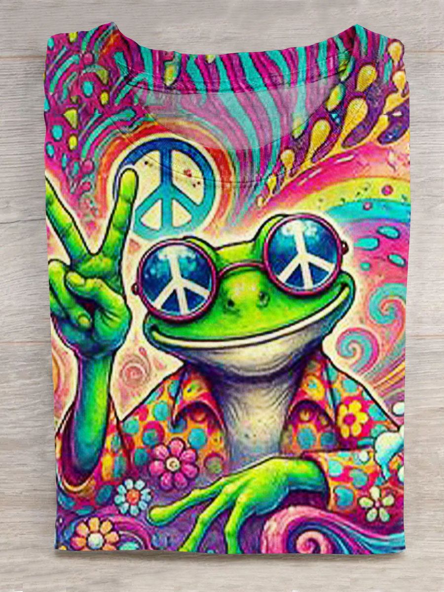 Funny Frog Print Crew Neck Short Sleeve T-Shirt