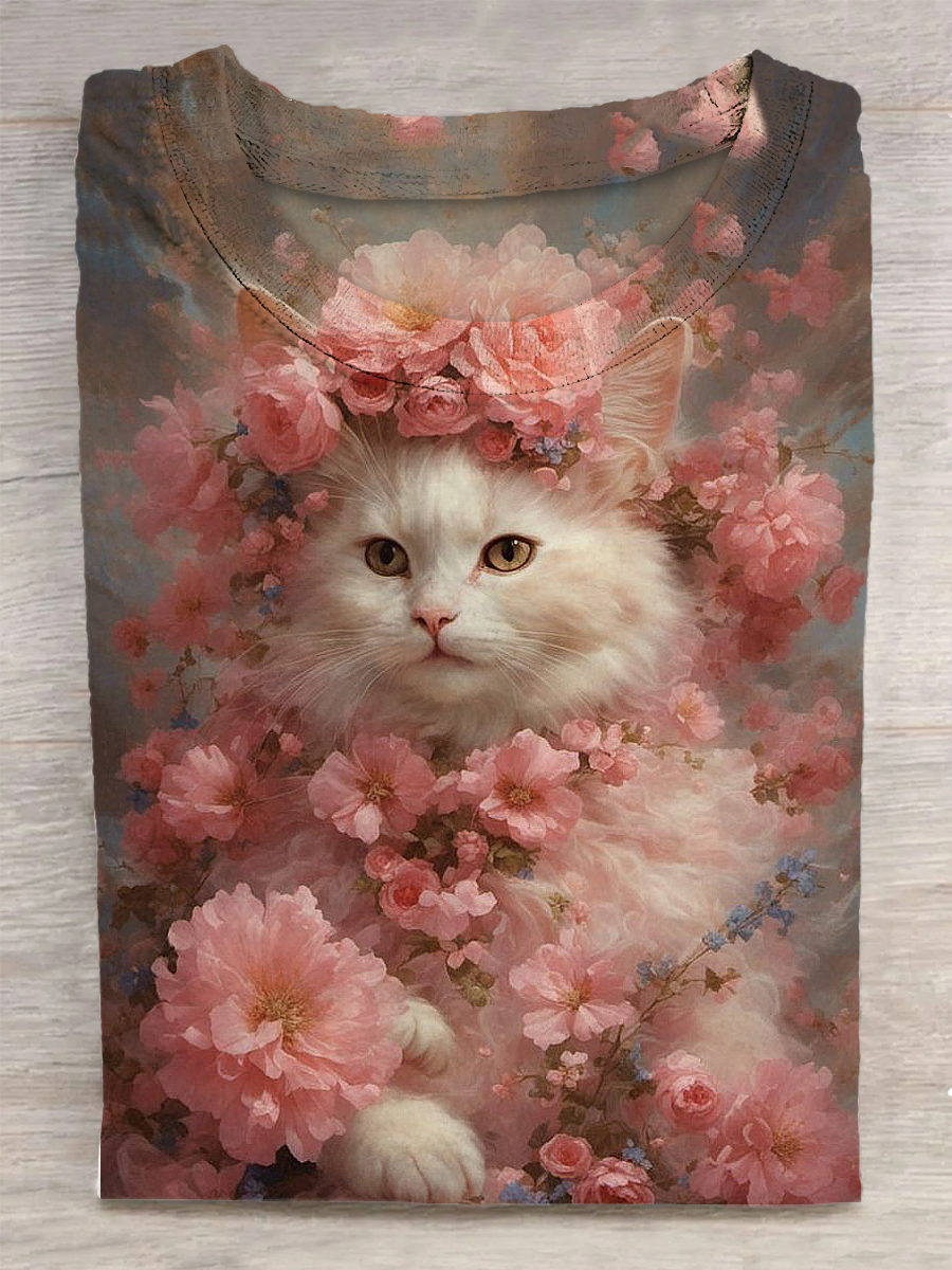 Cute Cat Printed Vintage Fashion Loose Short Sleeve T-Shirt