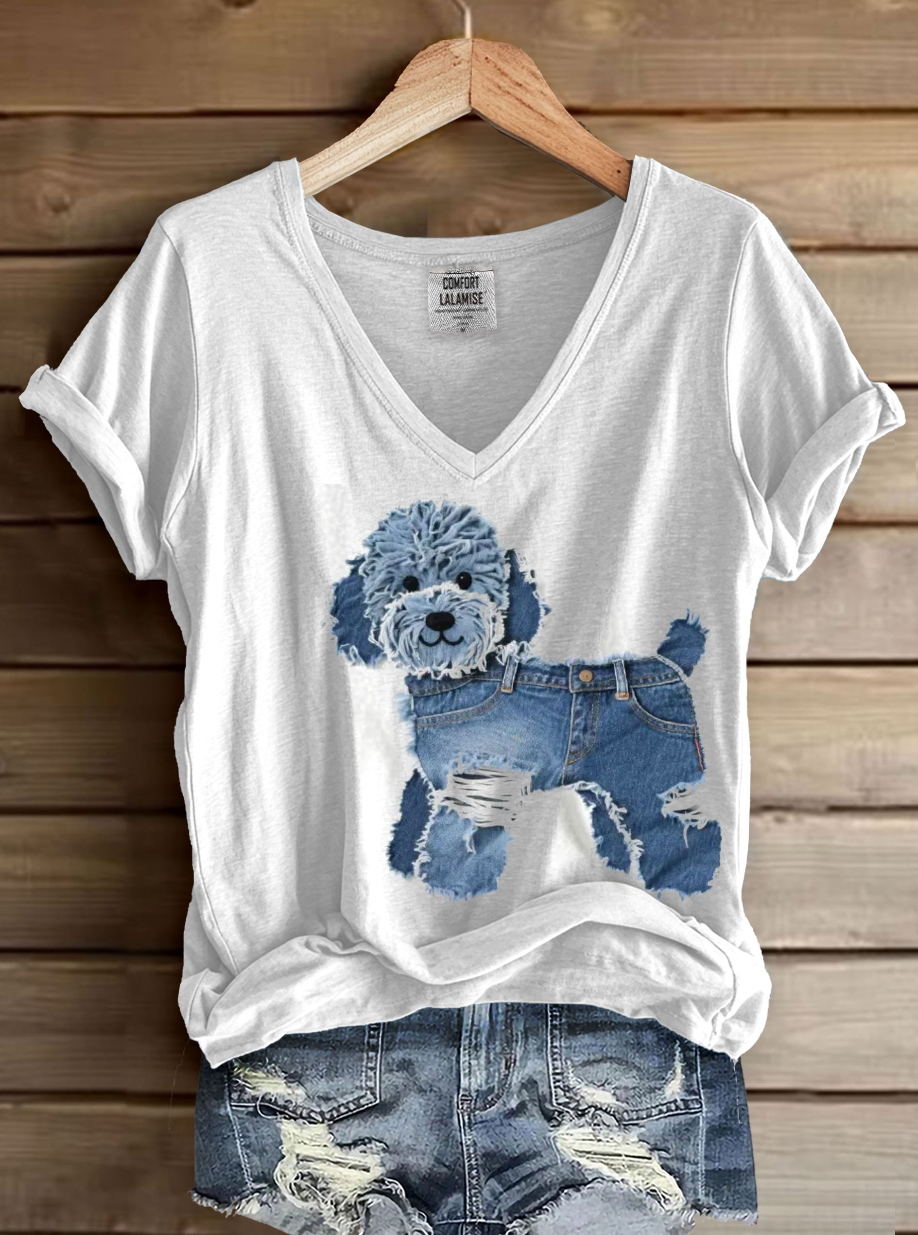 Cute Dog Denim Patchwork Art Print V-neck Casual T-Shirt