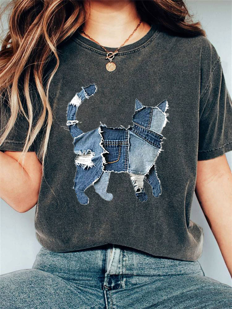 Women's Casual Funny Denim Cat Print T-shirt