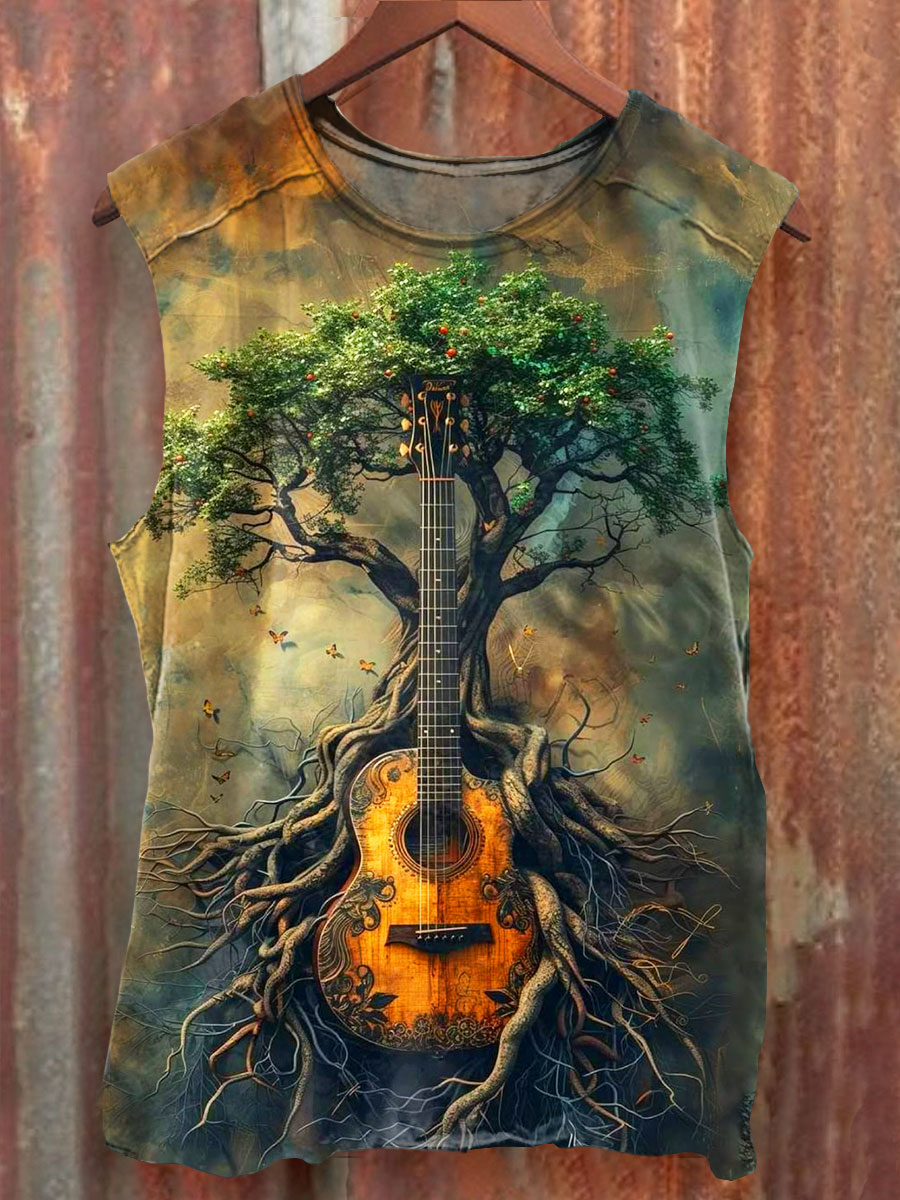Vintage Roots of strings Art Print 100% Cotton Casual Tank Top