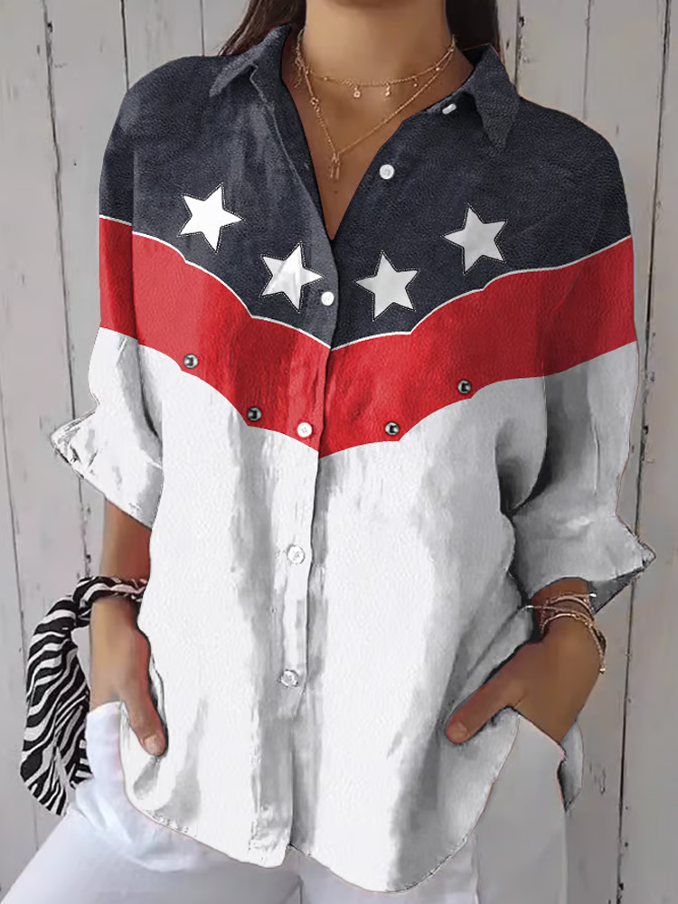 Women's Independence Day Floral Casual Lapel Shirt
