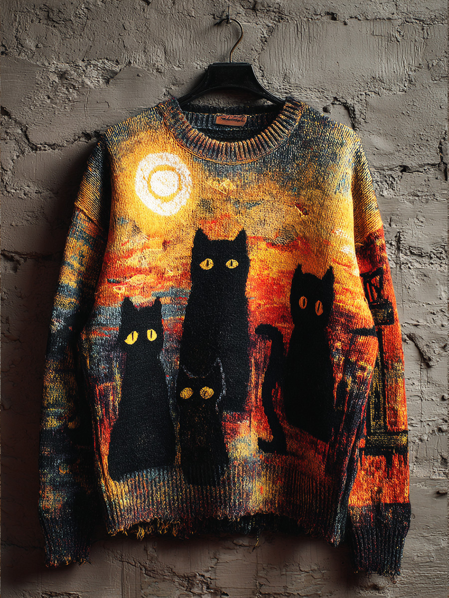 Vintage Halloween Black Cat Art Print Knit Pullover Sweater