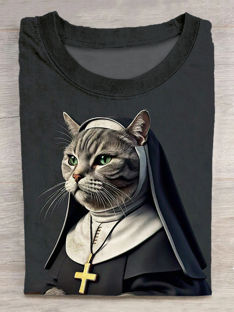 Funny Cat Printed Vintage Fashion Loose Short Sleeve T-Shirt