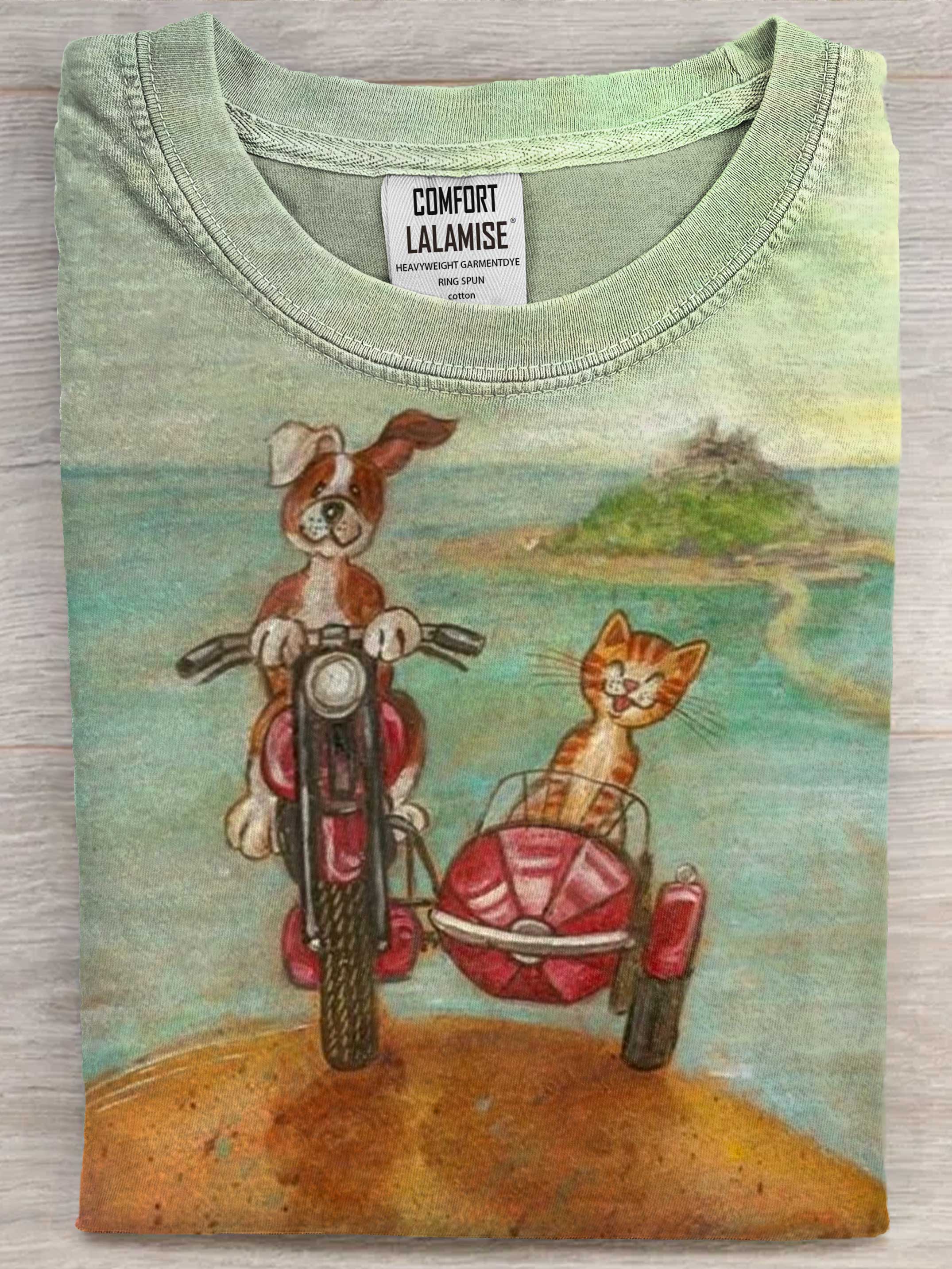 Funny Dog And Cat vacation Art Print Casual Short Sleeve T-shirt