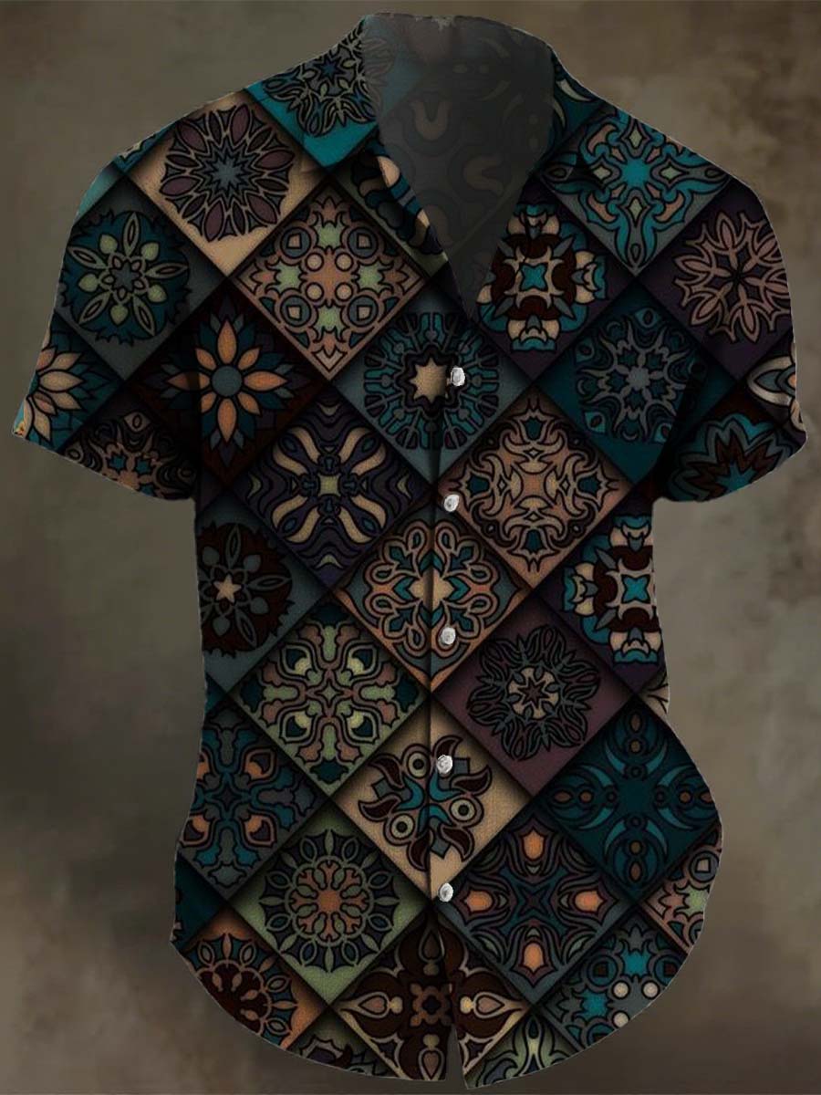 Vintage Viking Plaid Totem Art Print Casual 100% Cotton Shirt