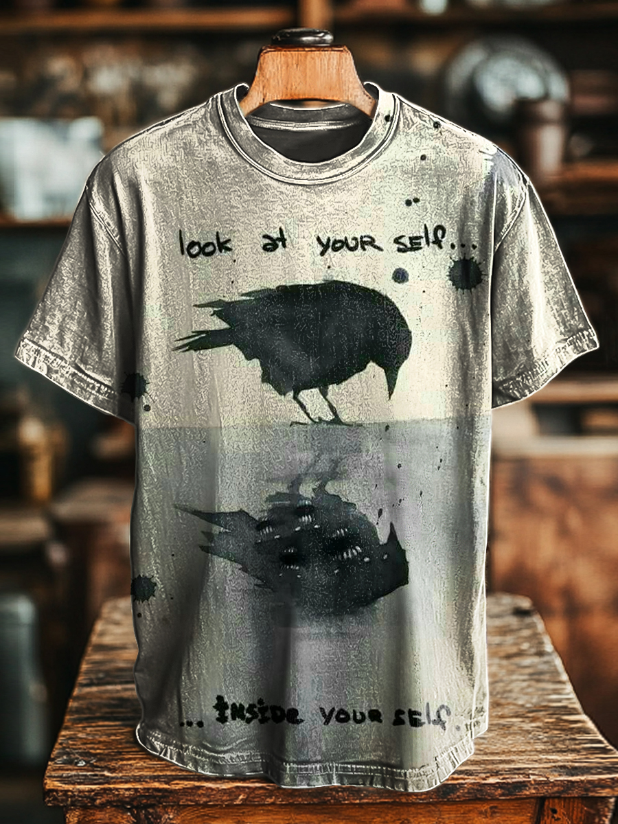 Unisex Vintage Raven Reflection Print Casual Loose T-Shirt