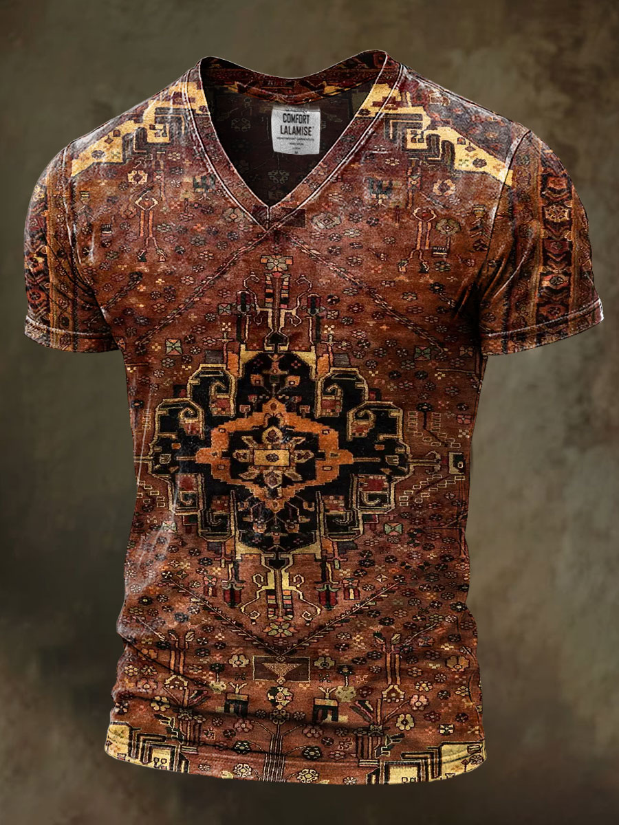 Retro Ethnic Art Print Casaul Short Sleeve V-neck T-shirt