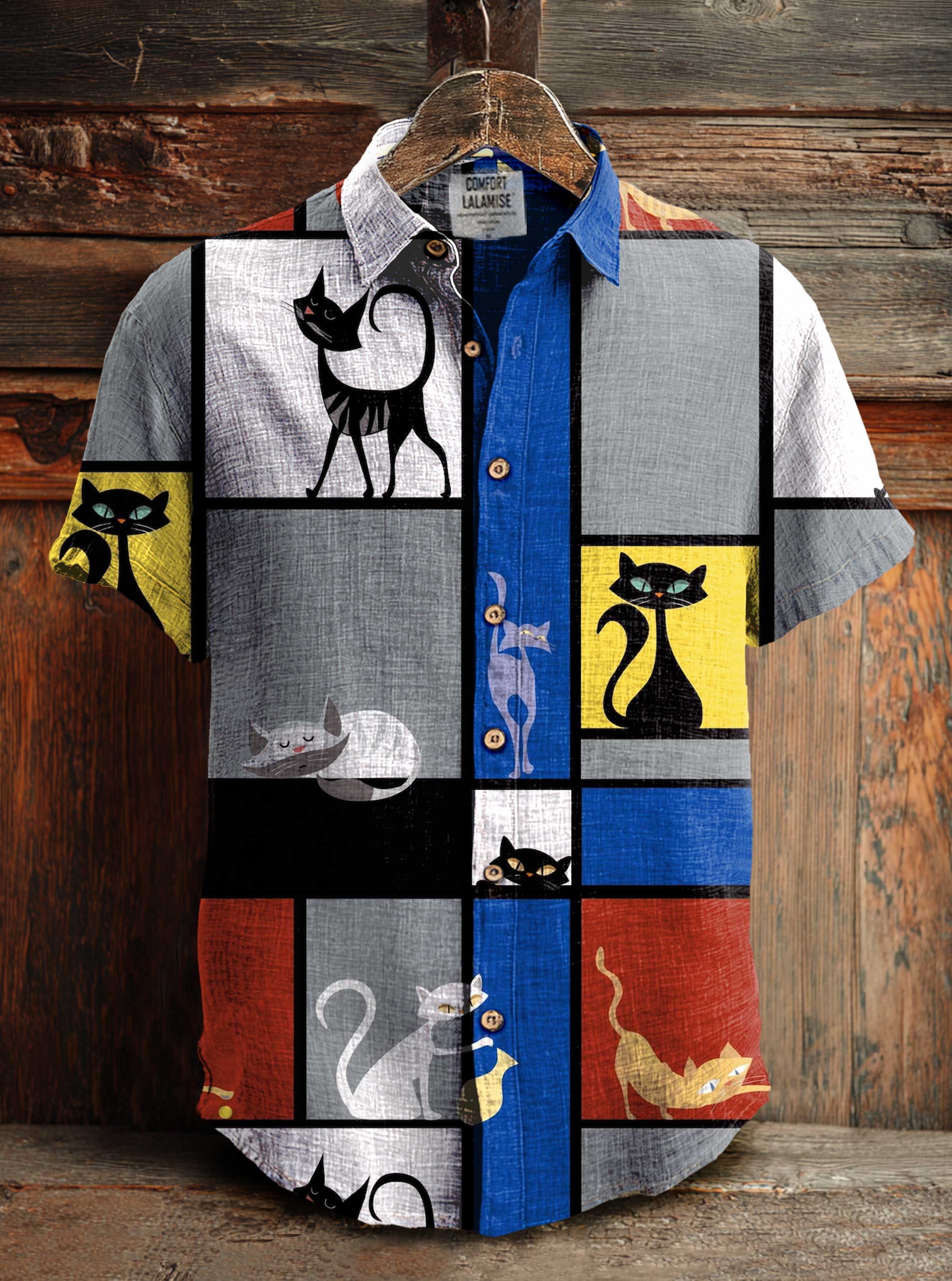 Retro Abstrct Cat Print Casual Cotton And Linen Shirt