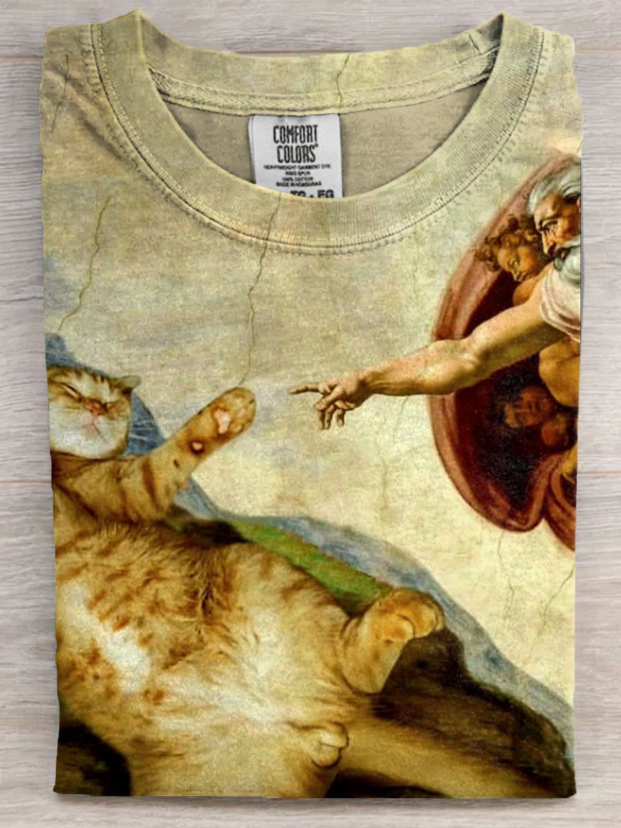Vintage Funny Cat Art Print Casaul Short Sleeve T-shirt