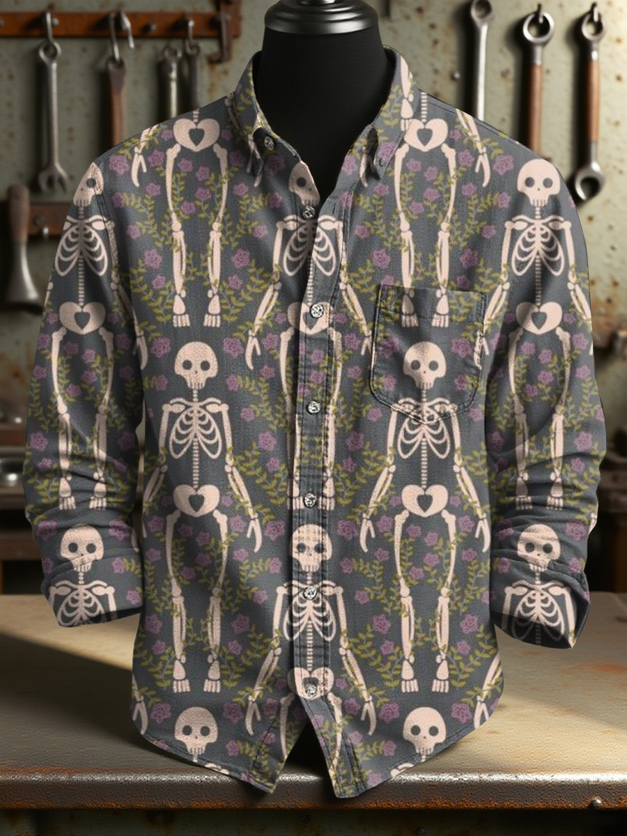 Retro Skull Flowers Art Print 100% Cotton Long Sleeve Shirt