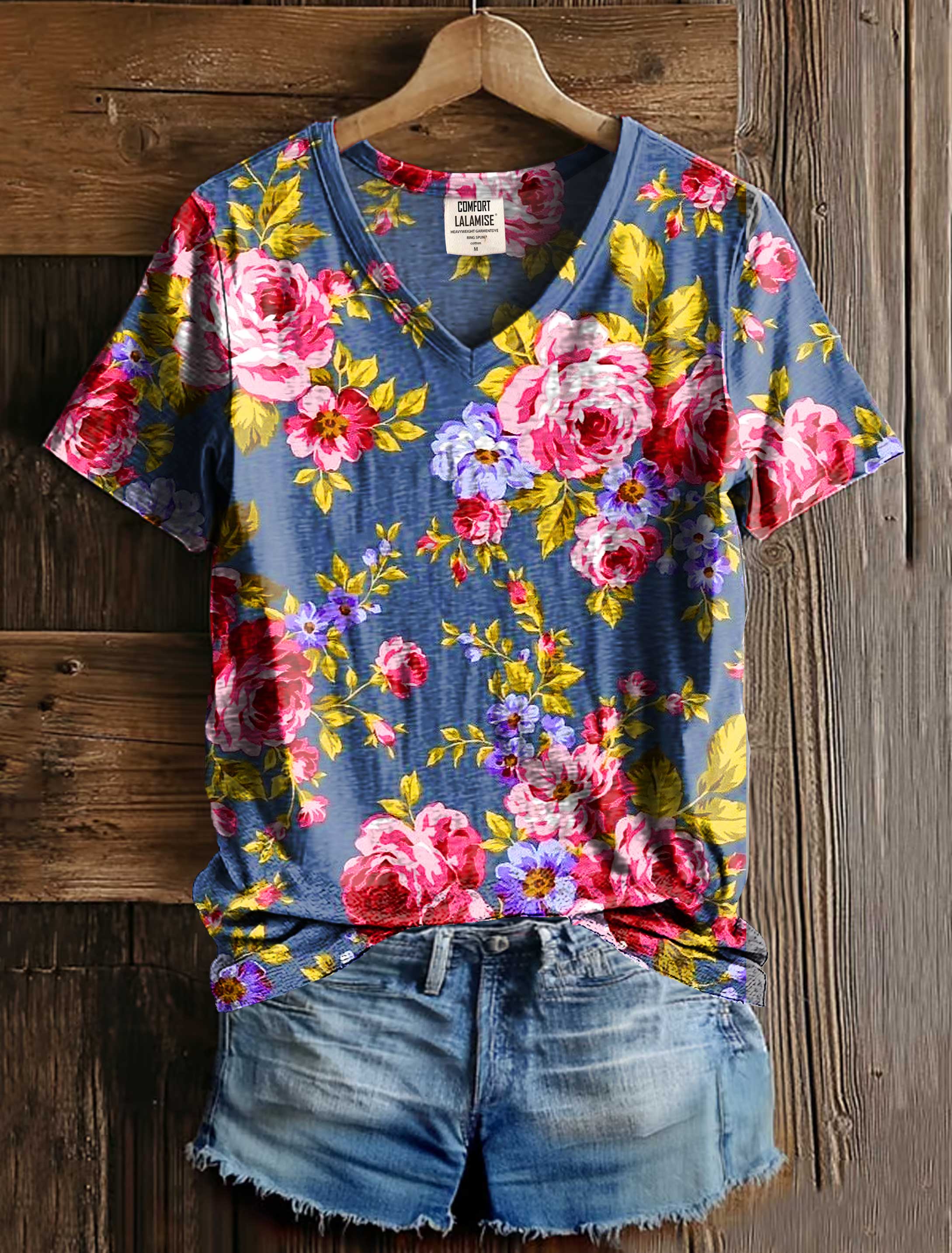 Vintage Floral Art Print V-neck Casual T-Shirt