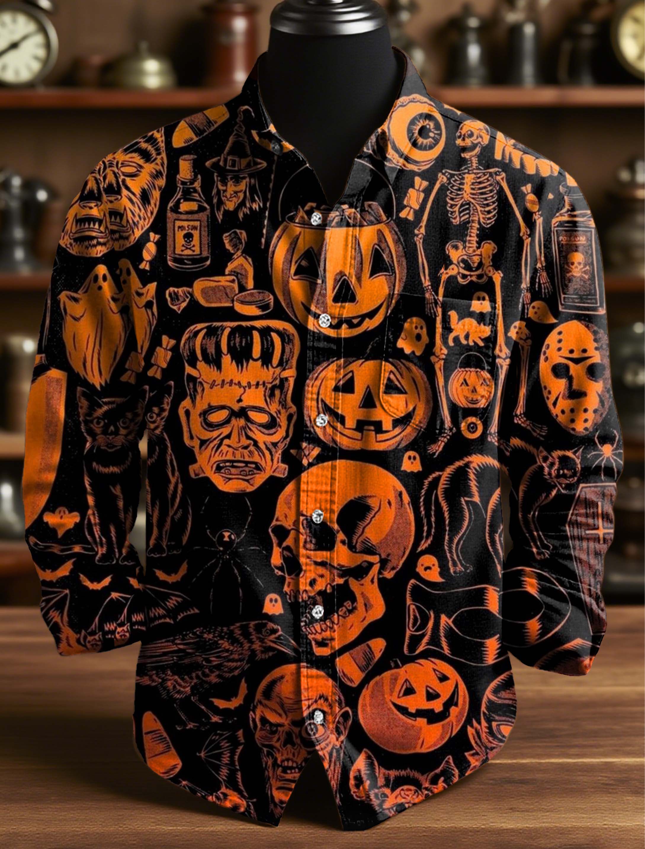 Halloween Monster Pumpkin Skull Black Cat Art Print 100% Cotton Long Sleeve Shirt