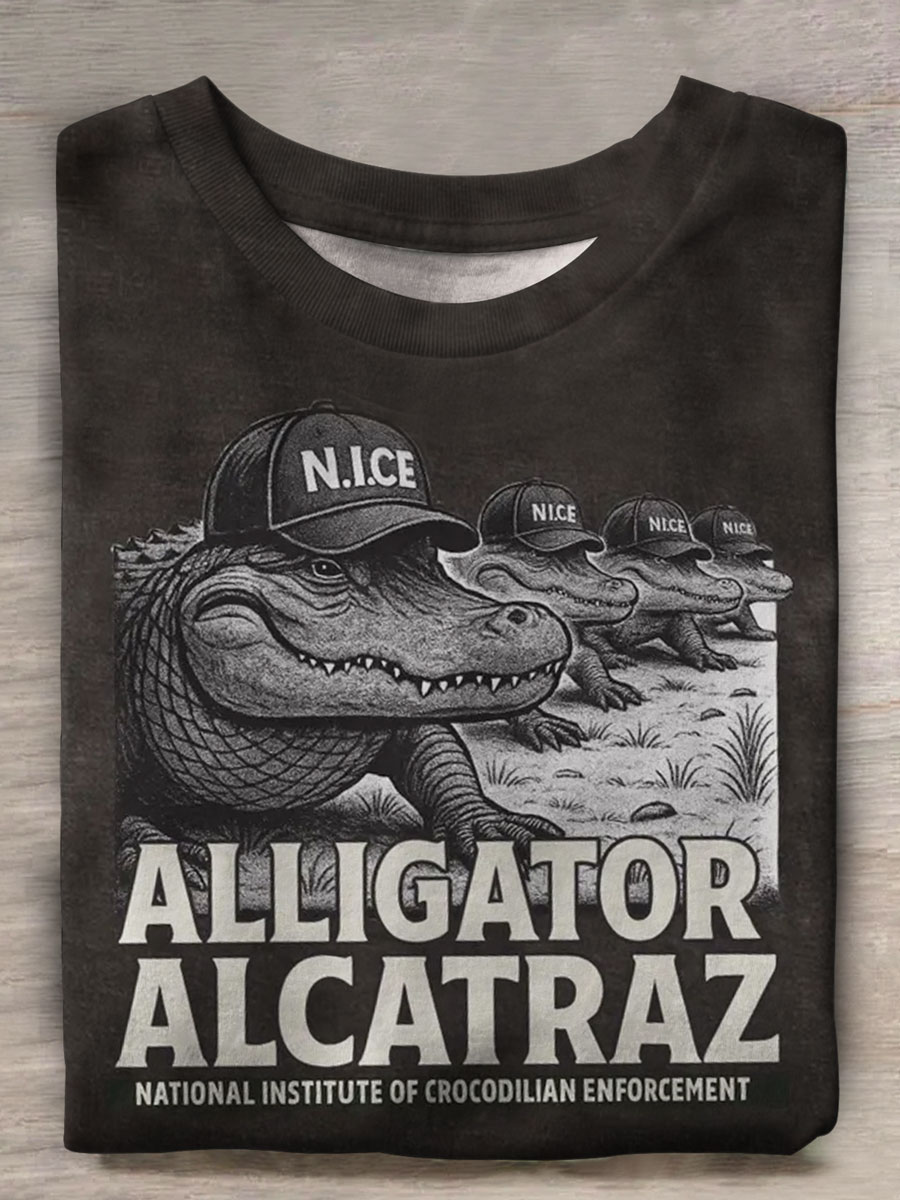 Vintage Crocodile Print Casual T-shirt