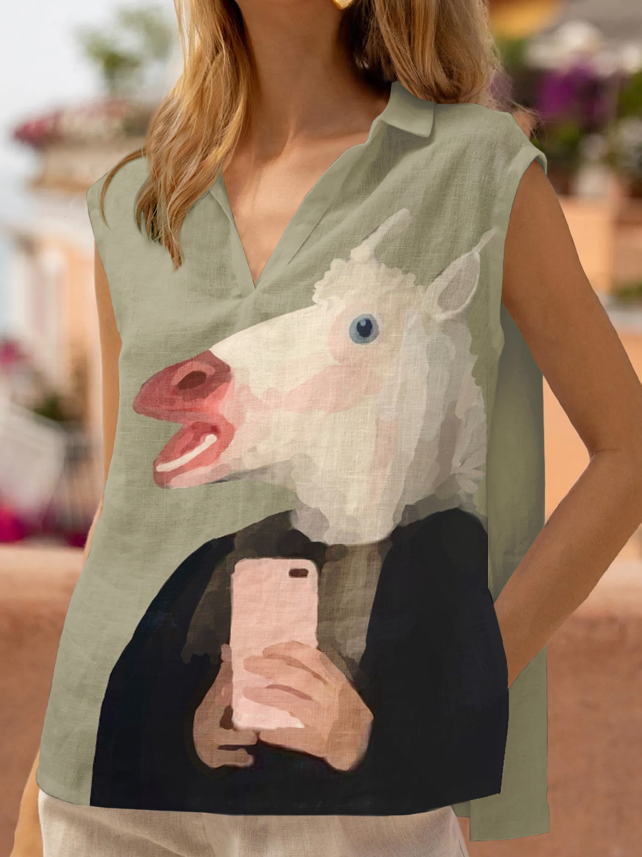 Retro Fun Horse Print Cotton And Linen Top