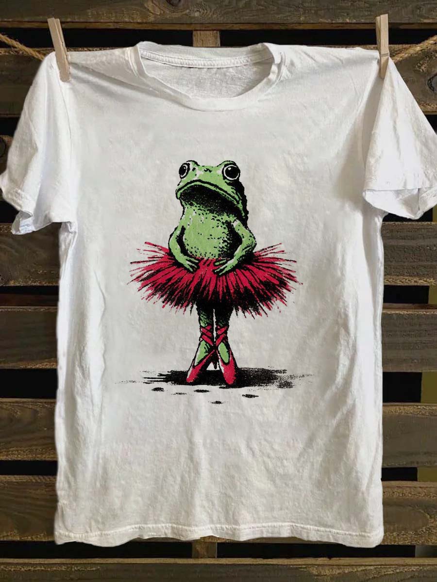 Ballet Frog Print Casual Short Sleeve T-Shirt