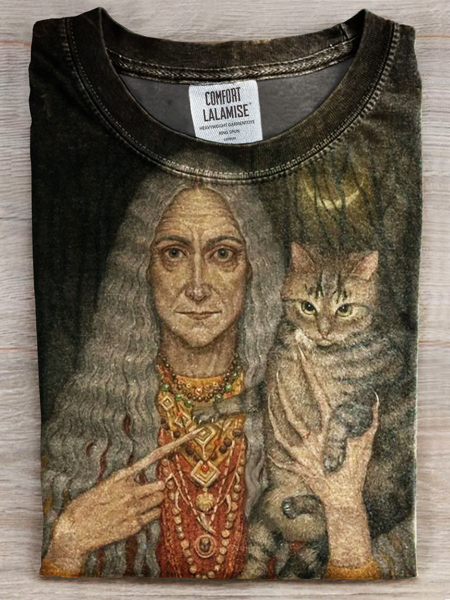Witch and Cat Print Casual T-shirt