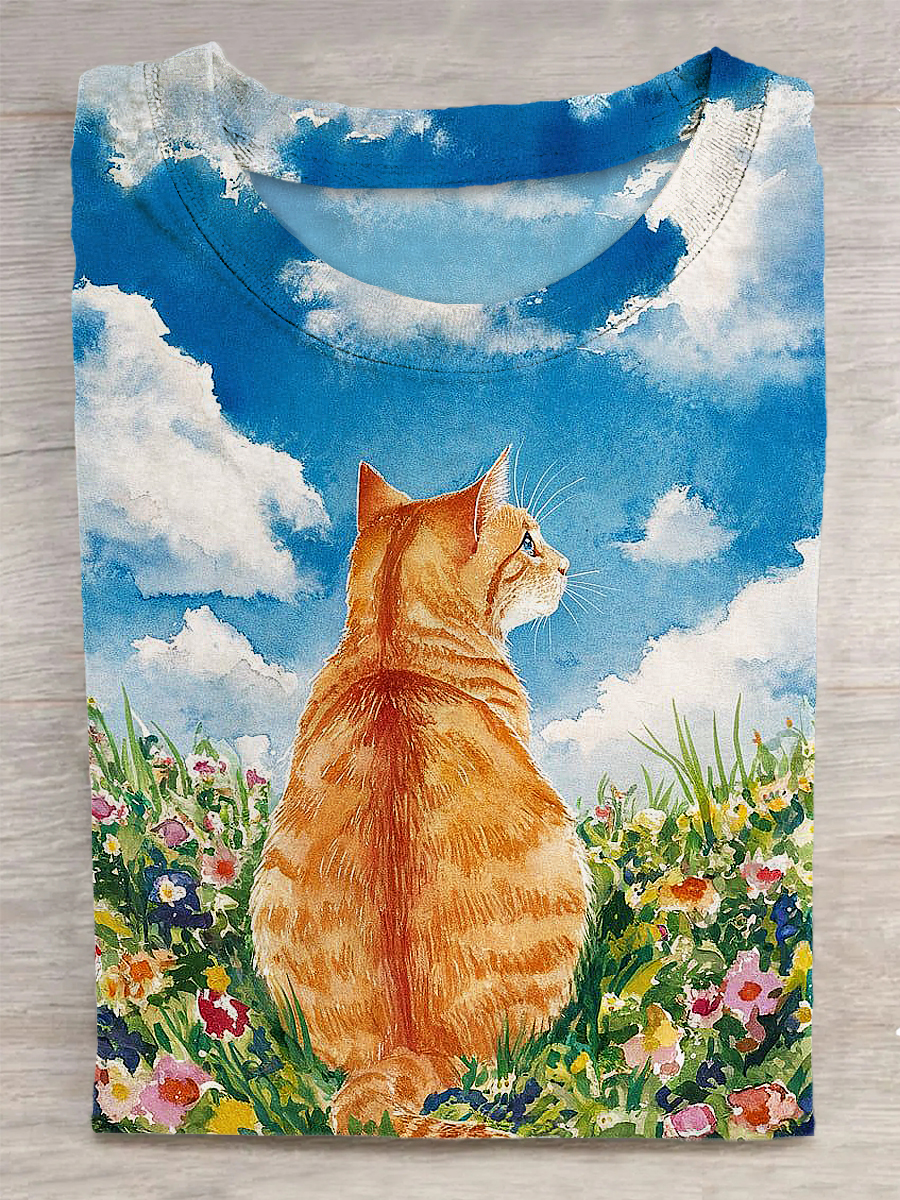 Unisex Cat Printed Vintage Fashion Loose Short Sleeve T-Shirt