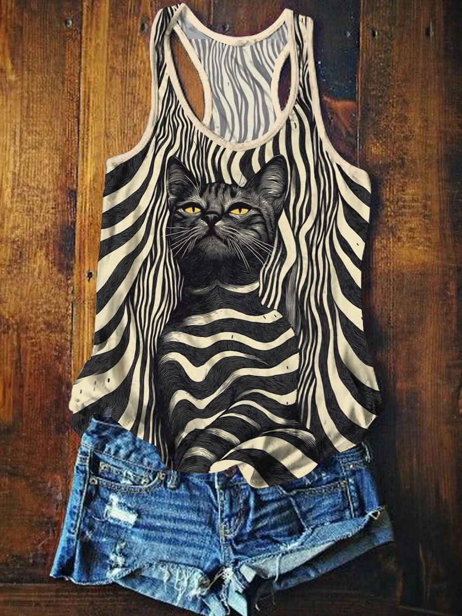 Abstrct Cat Art Print Casaul  Tank Top