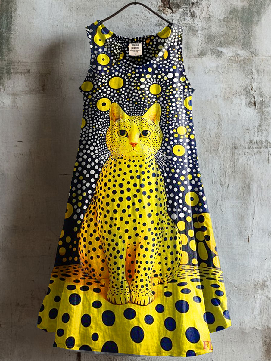 Women's Abstract polka dot cat Print V-neck Pocket Cotton Dress