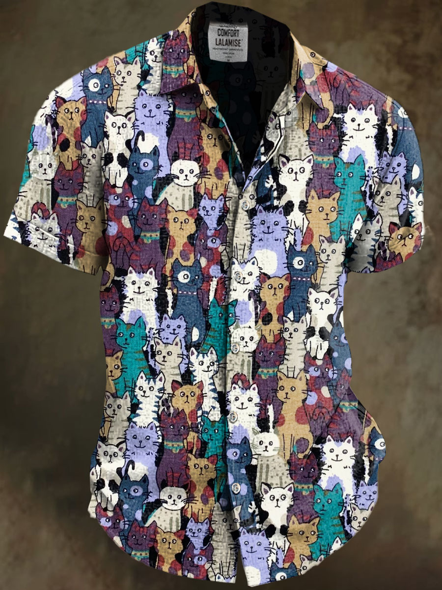 Cats Art Print Casual Cotton And Linen Shirt