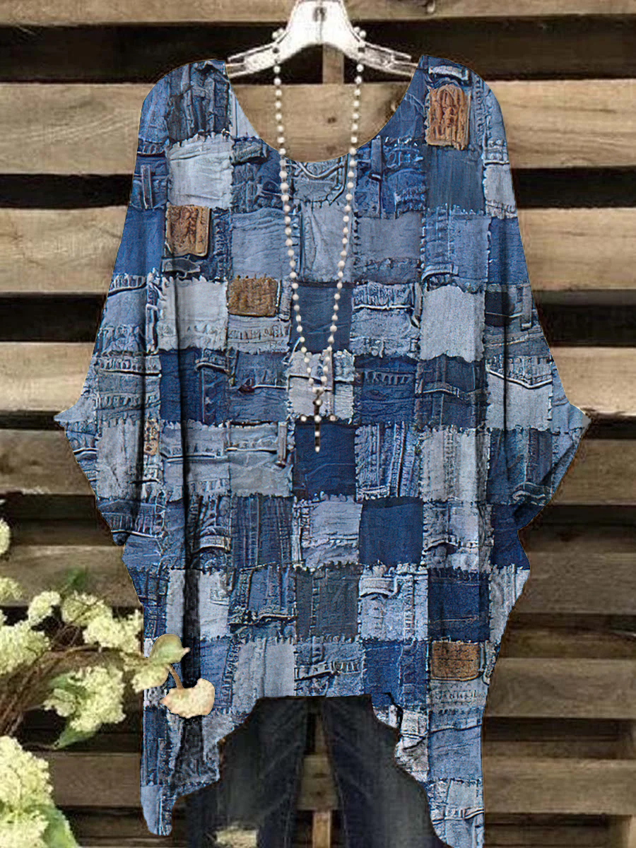 Women's Vintage Denim Color Patchwork Pattern Round Neck Top