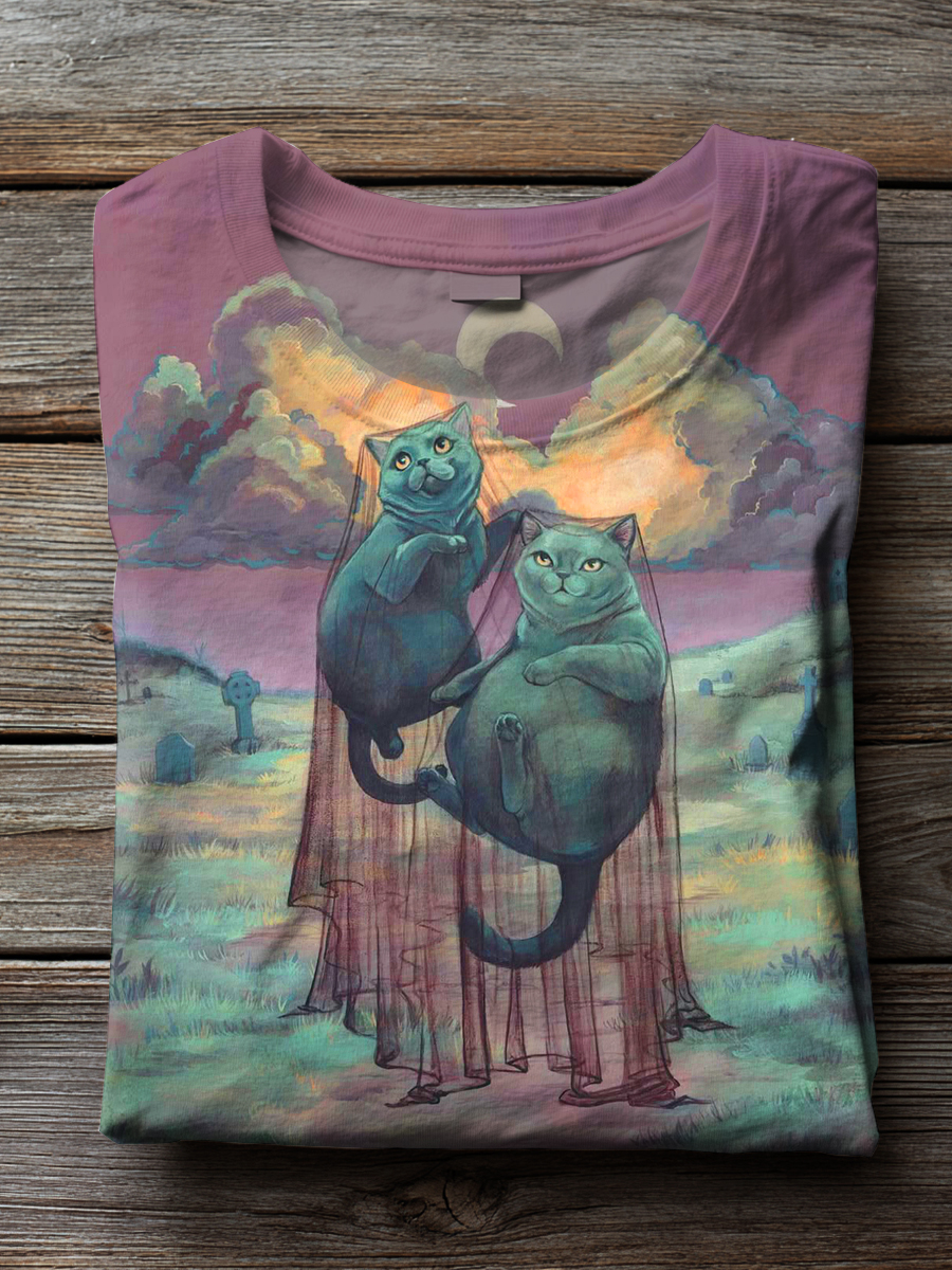 Retro Funny Ghost Cat Art Print T-shirt