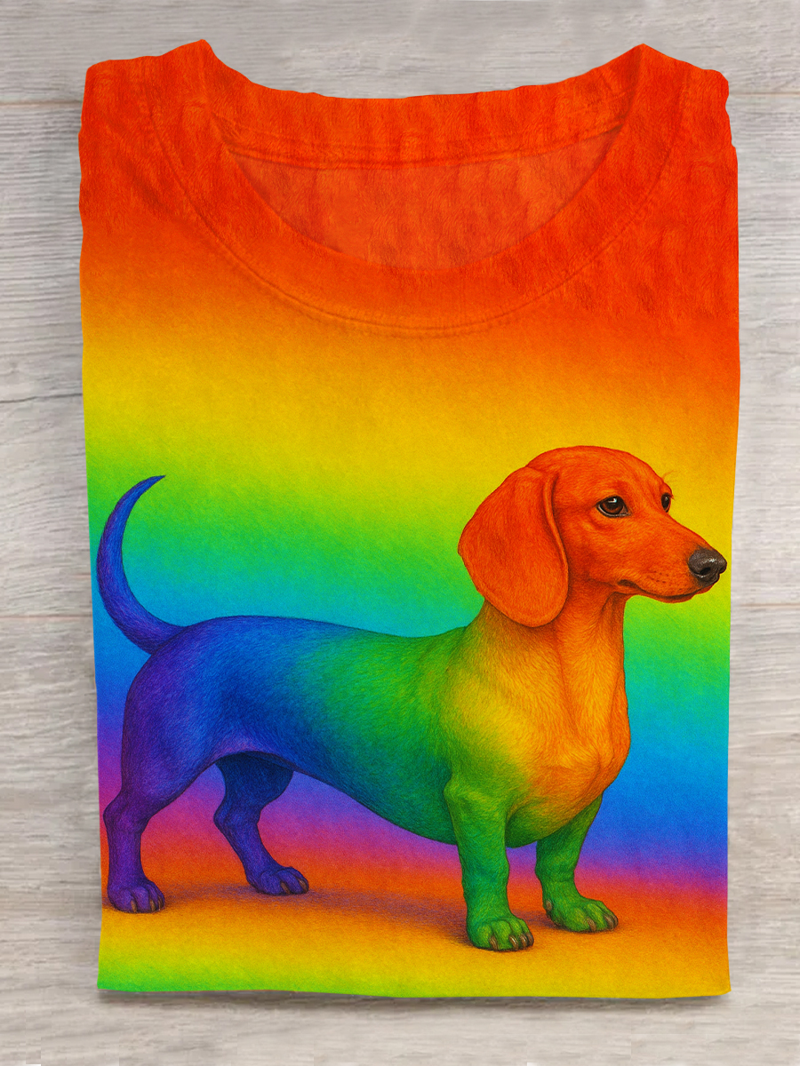 Rainbow Gradient Funny Dachshund Art Print Short Sleeve T-Shirt