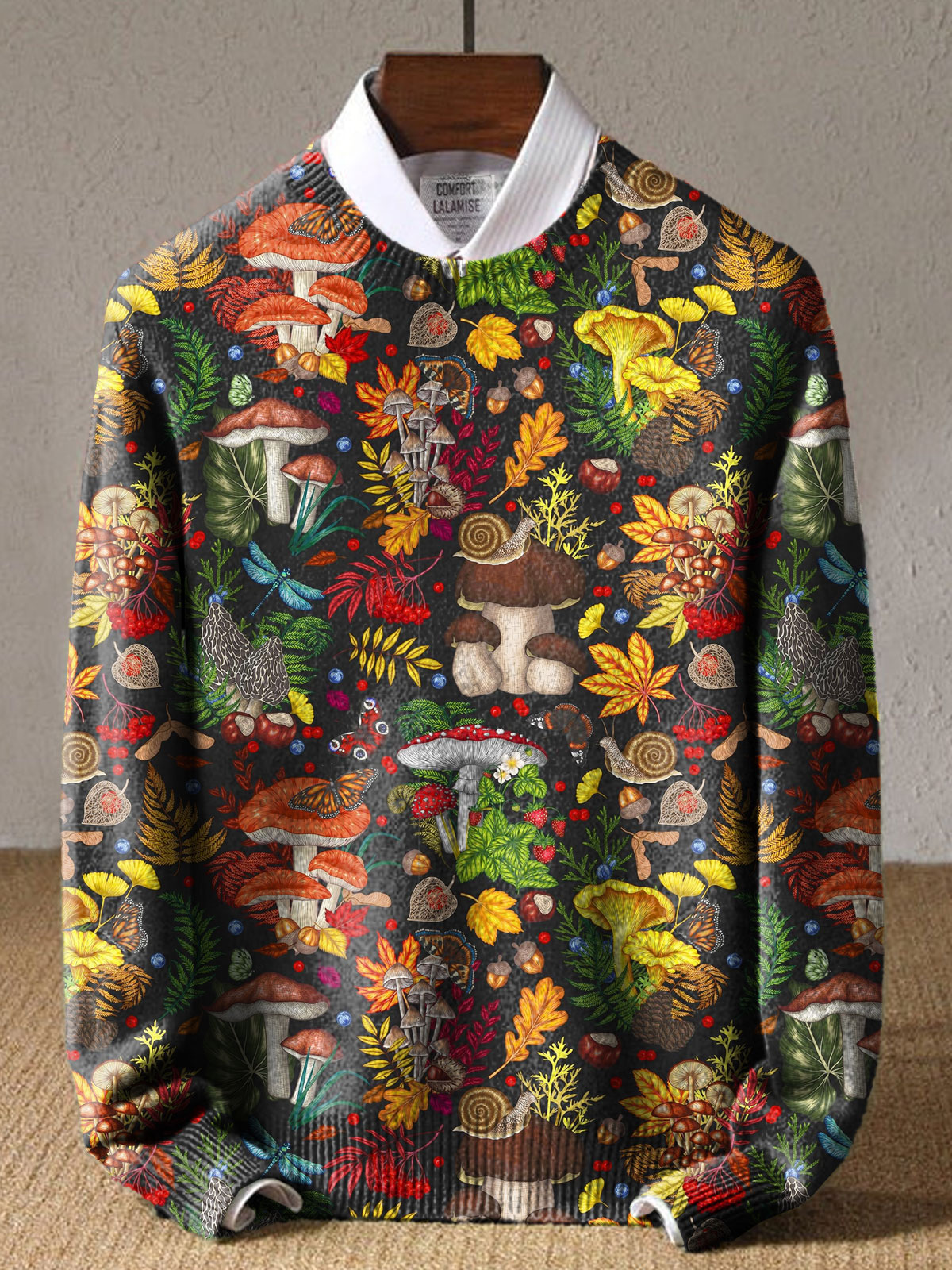 Whimsical Mushroom and Stick Butterfly Berry Botanical Art Print Knit Pullover Sweater