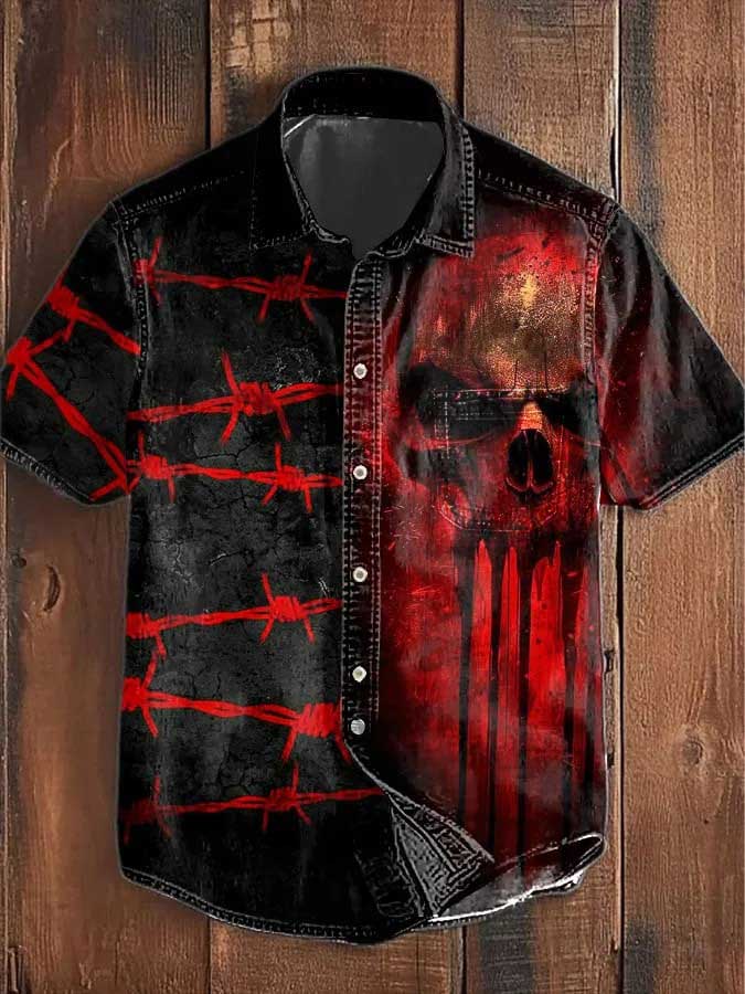 Blood Skull Thorns Stripes Print 100% Cotton Denim Shirt