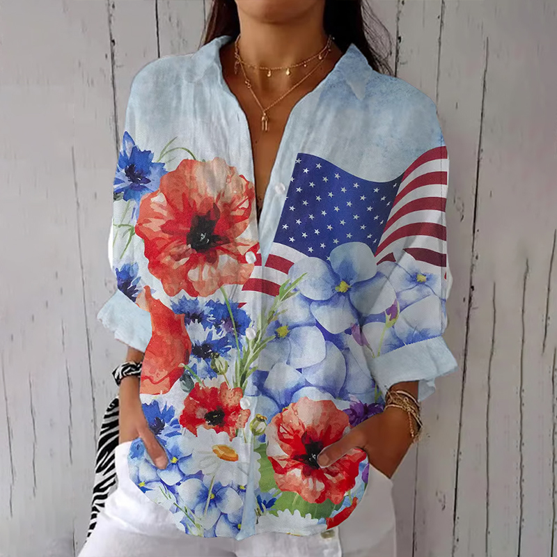 Women's Independence Day Flag Floral Casual Lapel Shirt