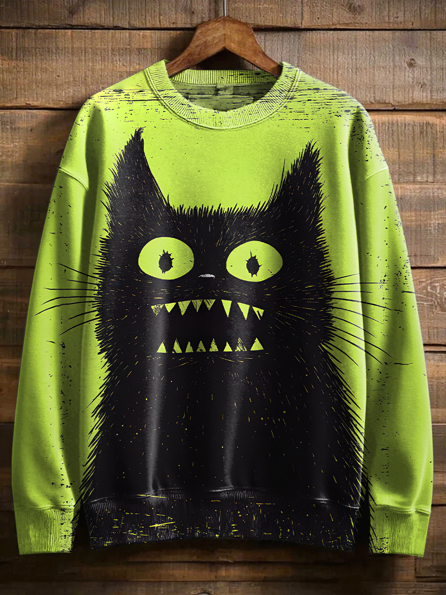 Vintage Halloween Black Cat Art Print Casual Sweatshirt