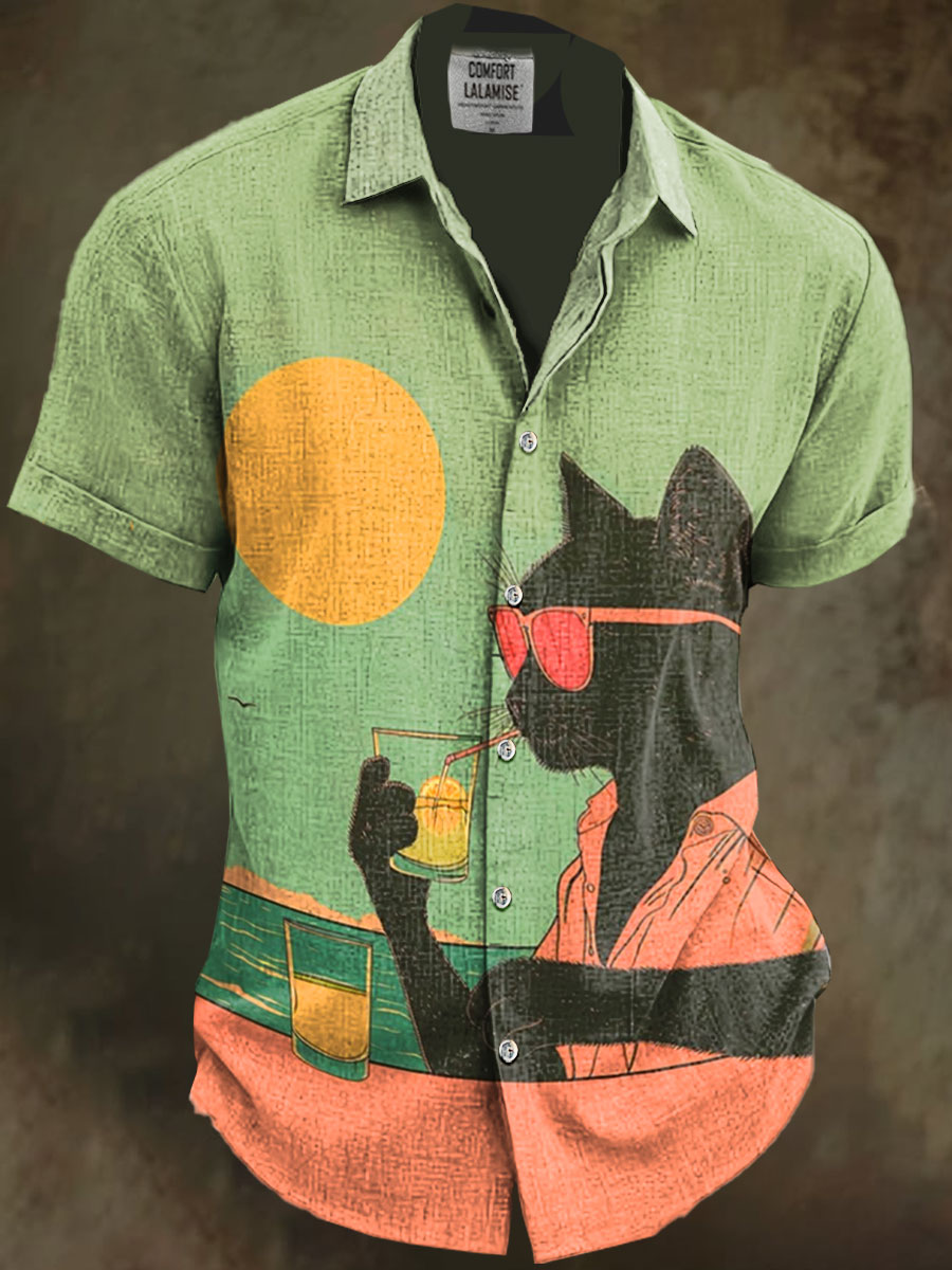 Summer vocation Beach Black Cat Chill Art Print Casual Cotton And Linen Shirt