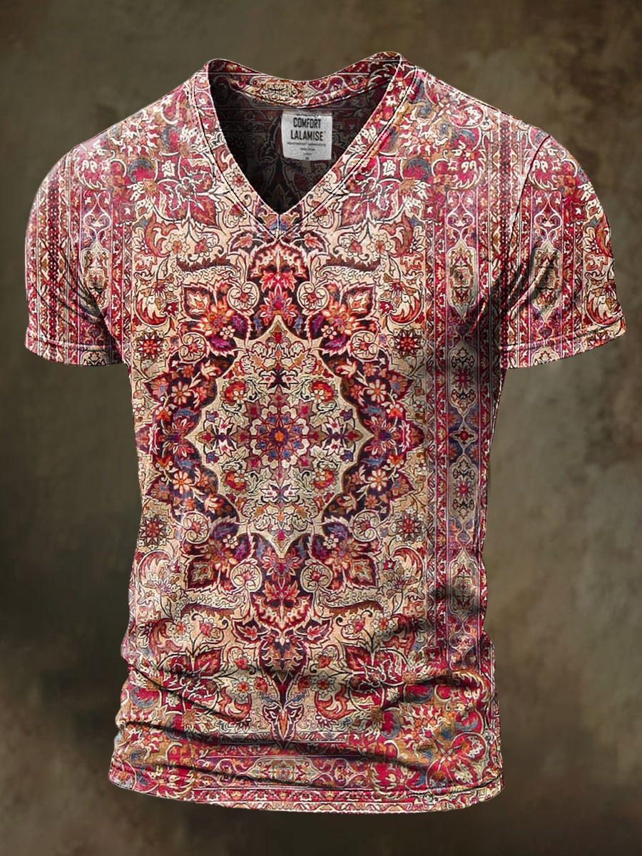 Retro Ethinic Art Print Casaul Short Sleeve V-neck T-shirt