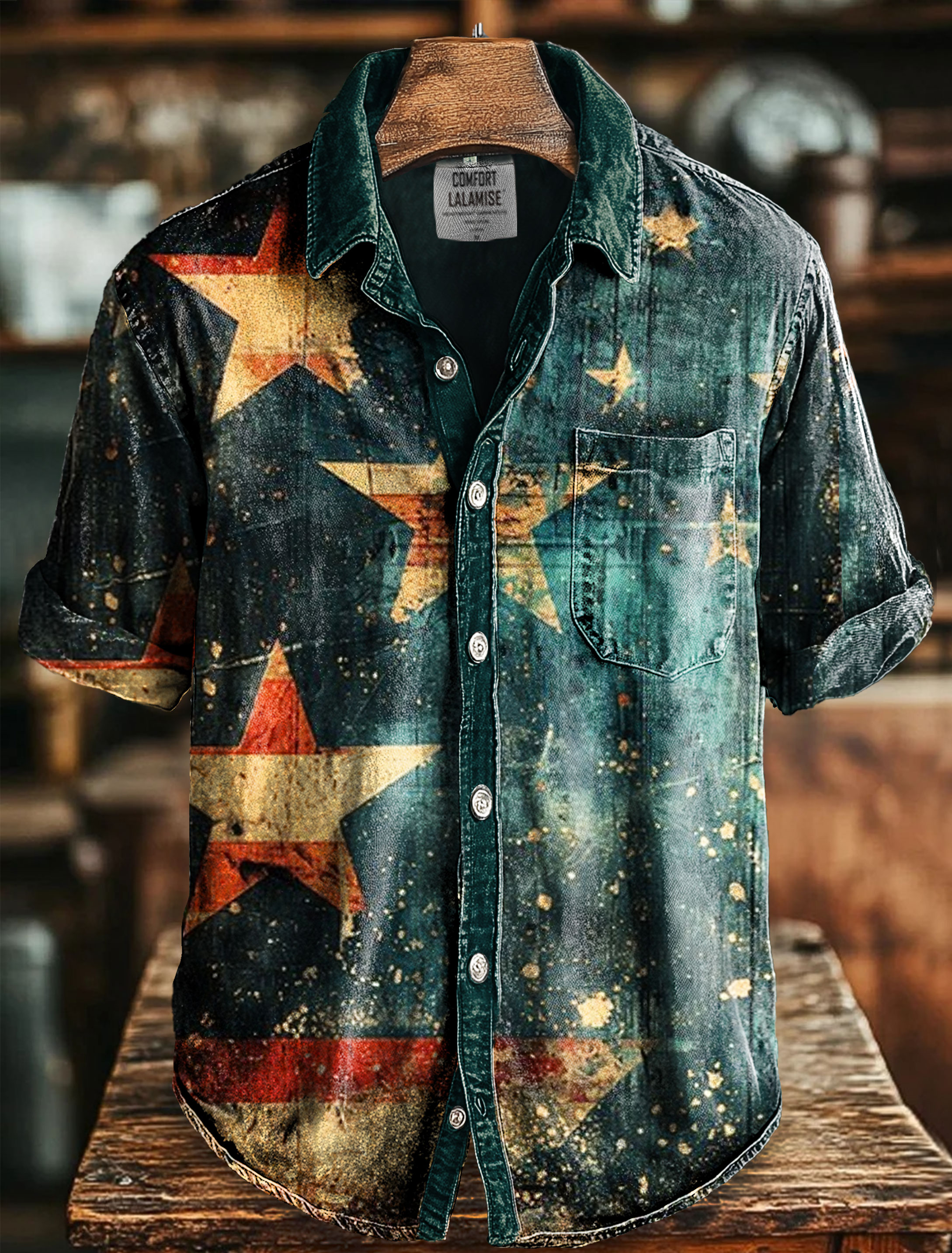 Vintage US Flag Art Print Casual 100% Cotton Shirt