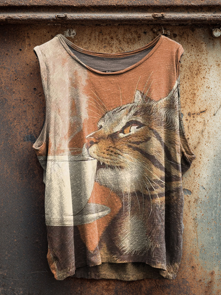 Cat Print 100% Cotton Casual Tank Top