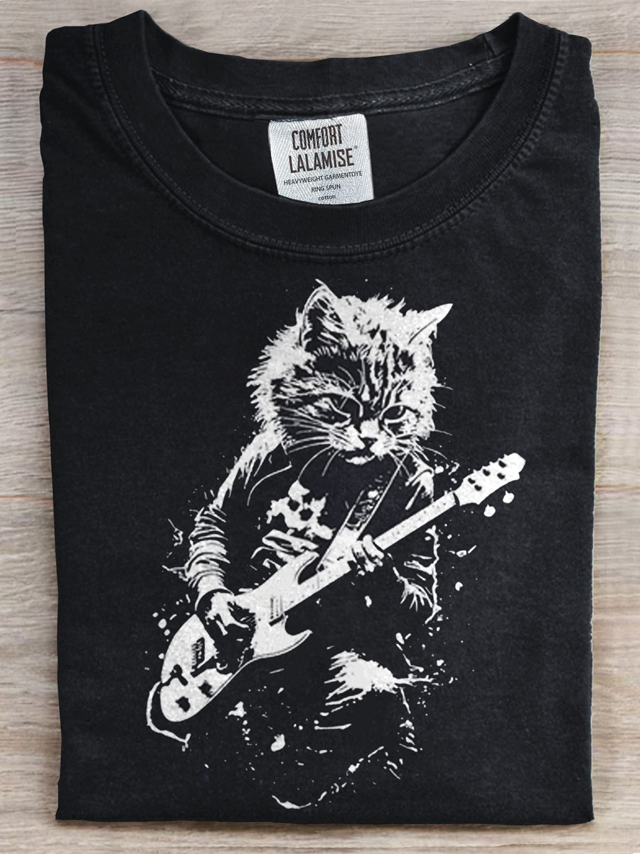 Rock Cat Funny Prints Casual T-shirt