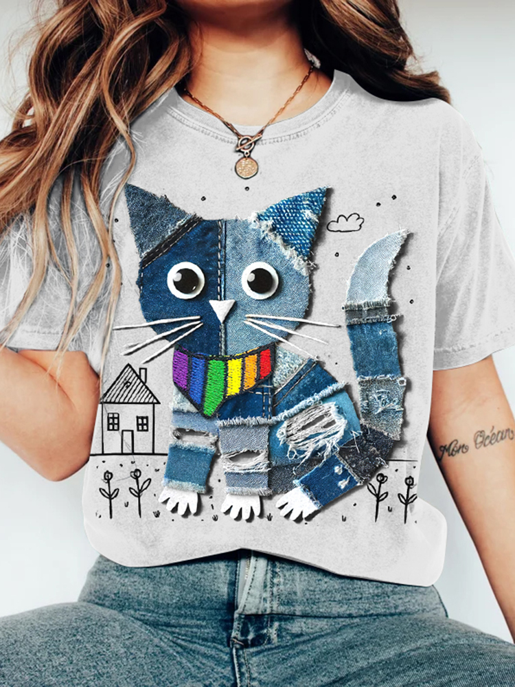 Women's Pride Denim Cat Art Print Short Sleeve T-shirt