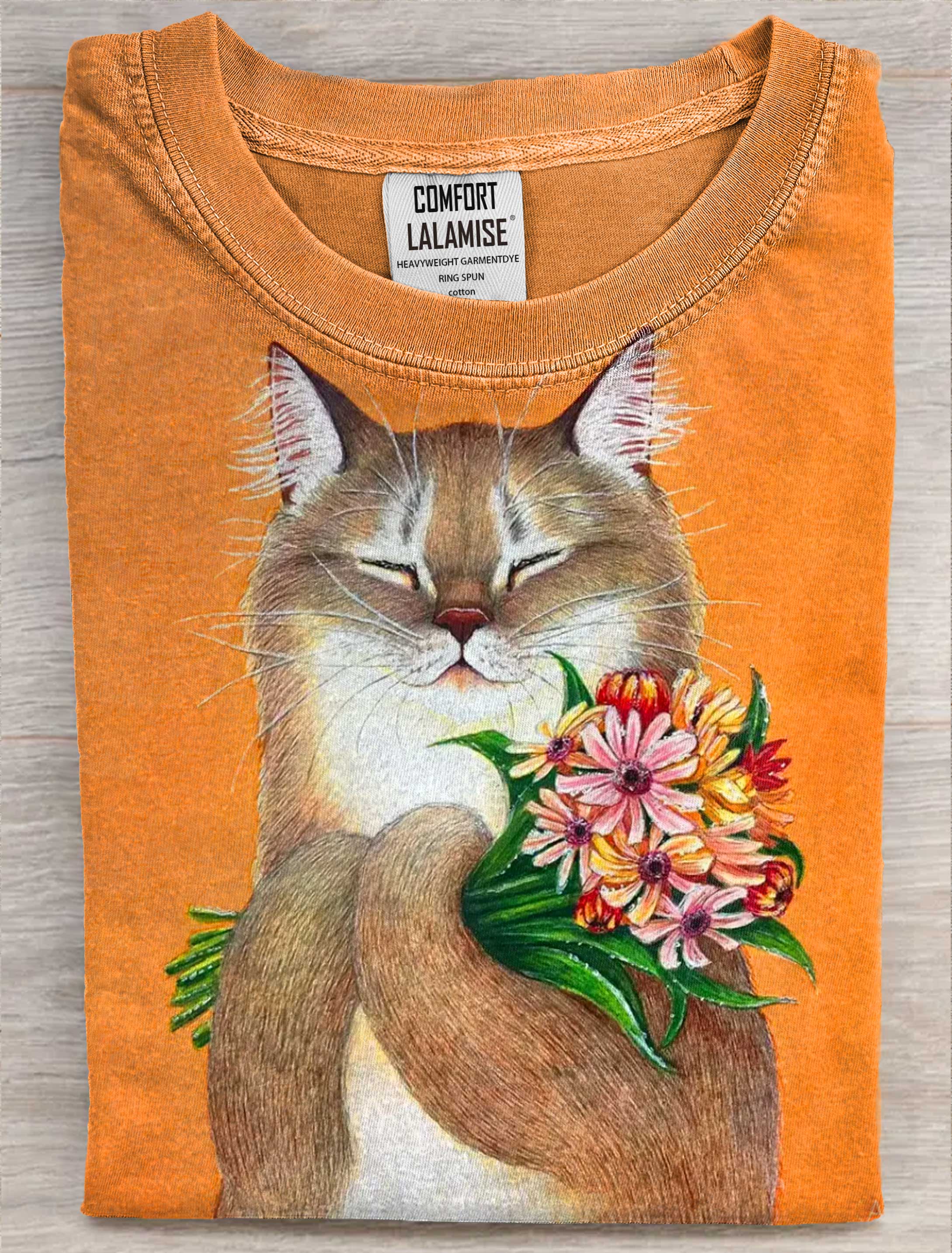 Cute Cat With Flower Art Print Casaul Short Sleeve T-shirt