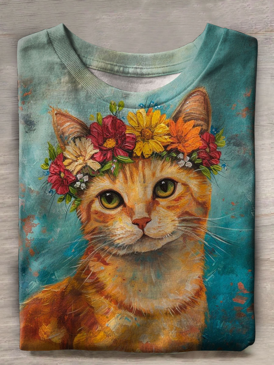 Flower Cat Print Casual T-shirt
