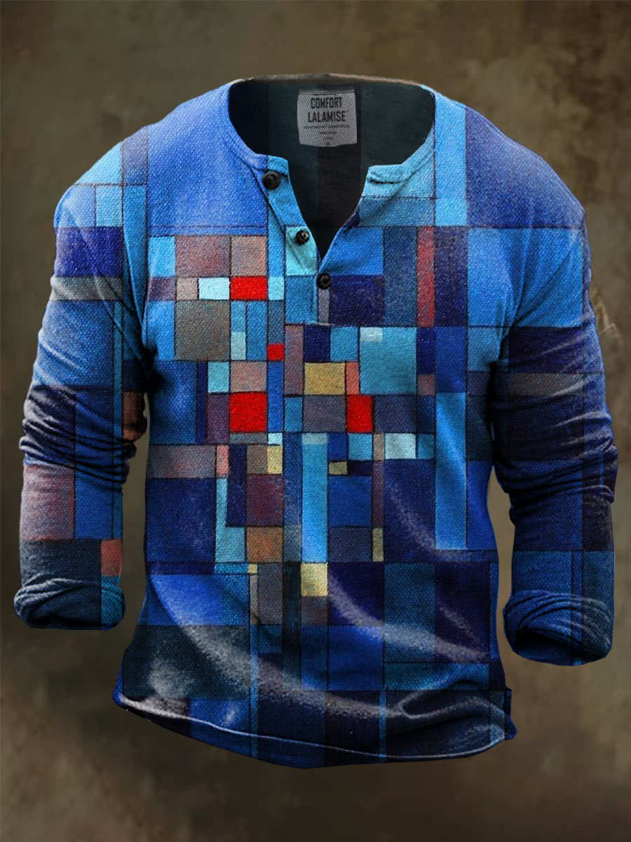 Blue Contrast Abstract Art Print Henley Sweatshirt