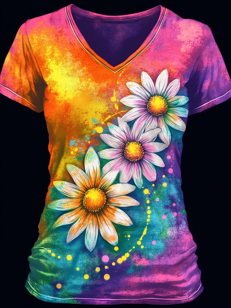 Colorful Daisy Floral Print Casual Top