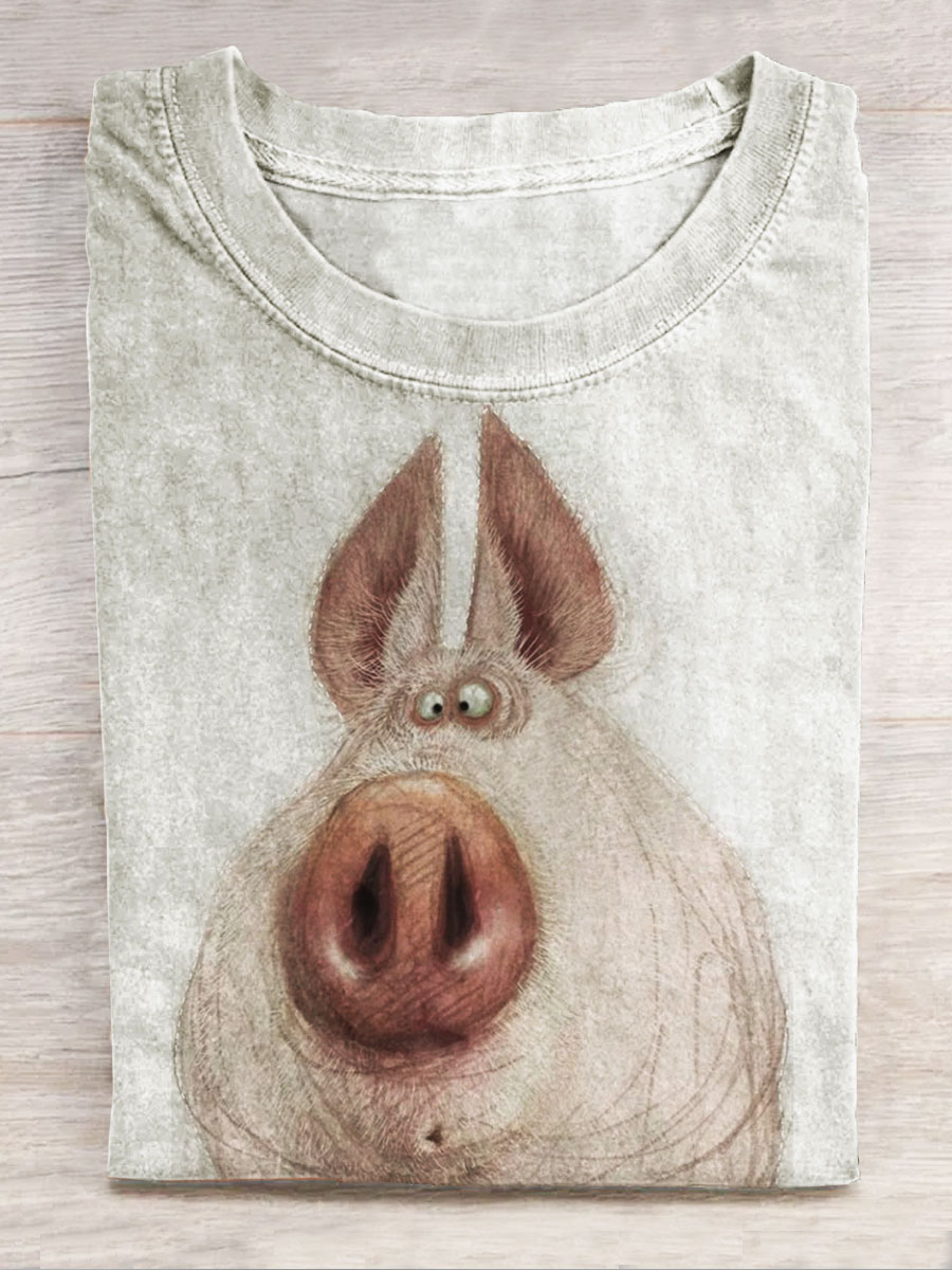 Funny Pig Print Casual Short Sleeve Top