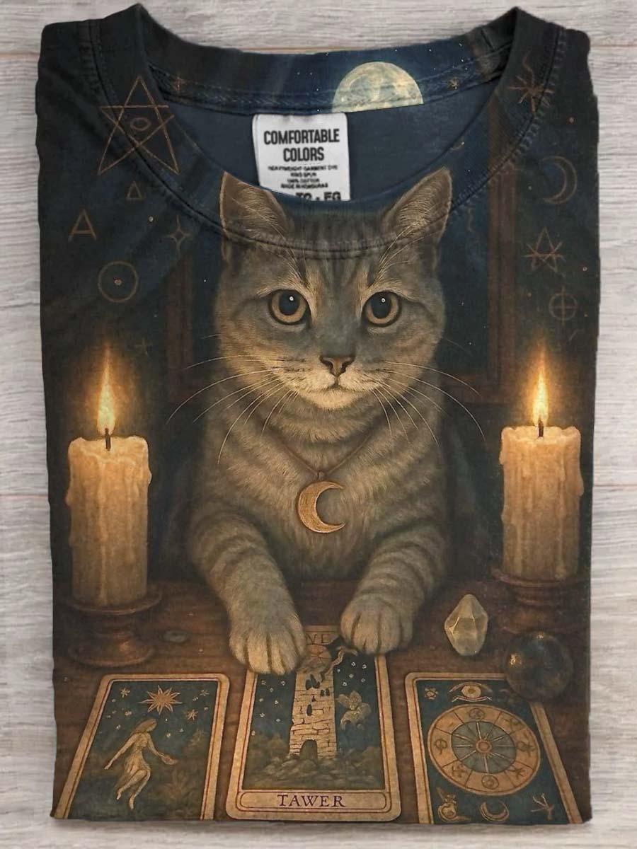 Tarot Cat Print Casual Short Sleeve T-Shirt