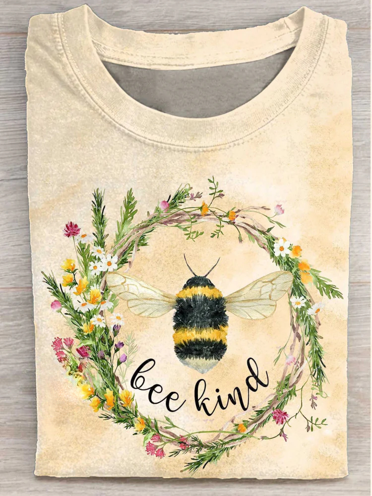 Be Kind Bee Floral Art Print Casual T-Shirt
